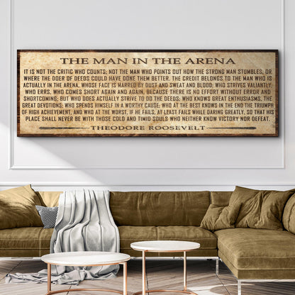 The Man In The Arena Sign V canvas by Tailored Canvases, framed wall art over sofa on Tampa Home & Garden Store