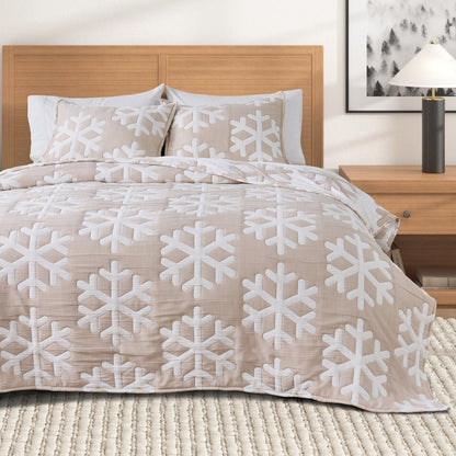 Matelassé Snowflake Quilt Set - Nino Collection by Great Bay Home, beige with white snowflake motif on Tampa Home & Garden Store