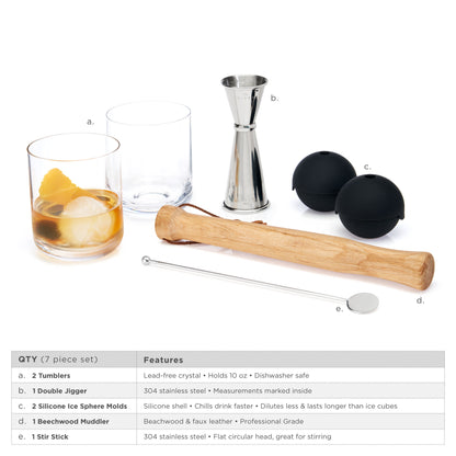 Stainless Steel Muddler Bar Set and Glassware