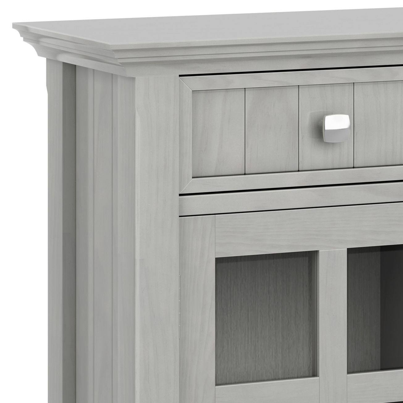 Acadian handcrafted entryway storage cabinet in light gray wood with paneled doors and chrome knob by HouseOfZazla on Tampa Home & Garden Store
