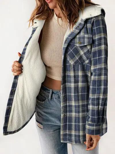 Plaid Snap Down Plush Hooded Jacket Women Warm