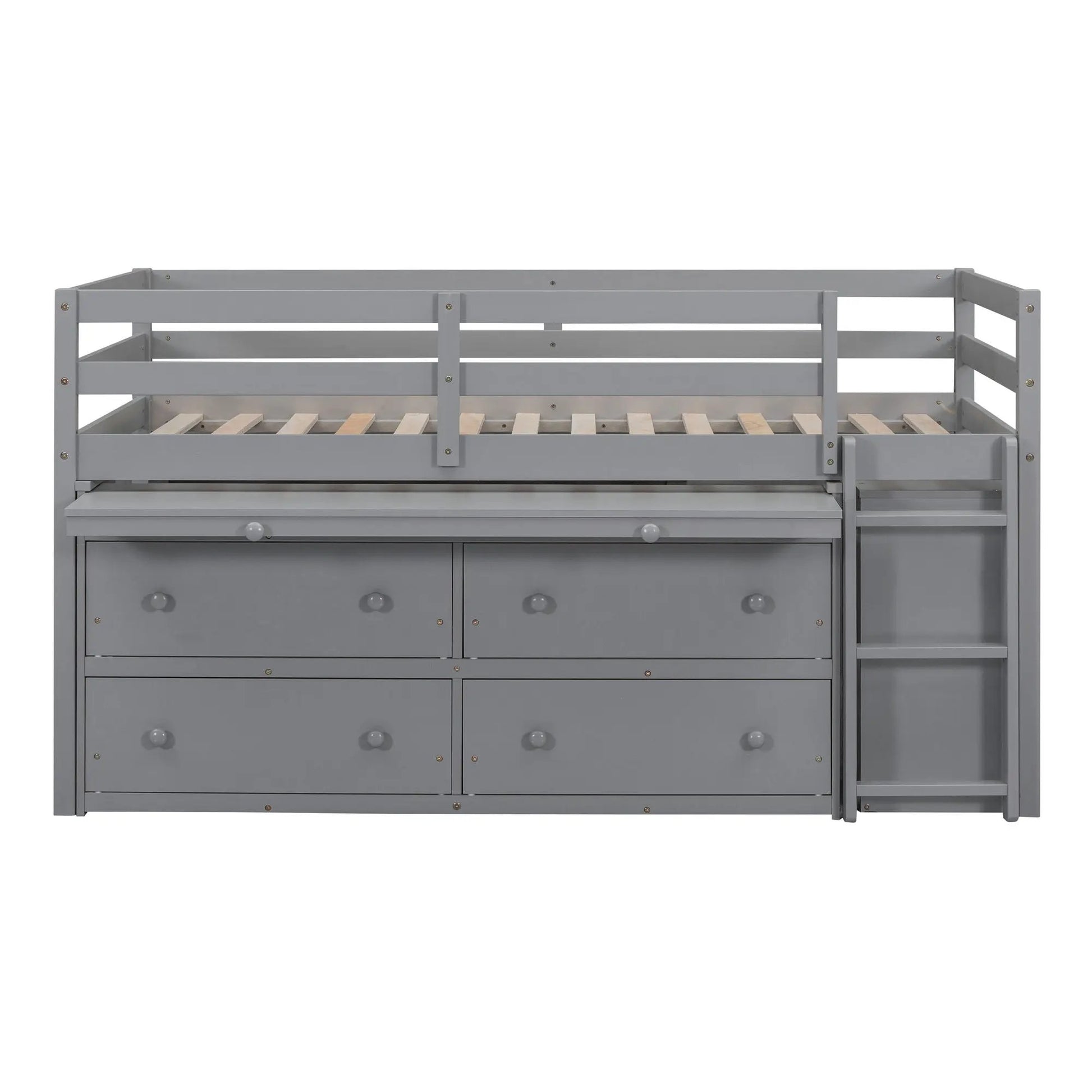 Gray loft bed frame with guard rails, slatted sleep area, and 4-drawer chest beneath shelves on Tampa Home & Garden Store