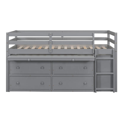 Gray loft bed frame with guard rails, slatted sleep area, and 4-drawer chest beneath shelves on Tampa Home & Garden Store