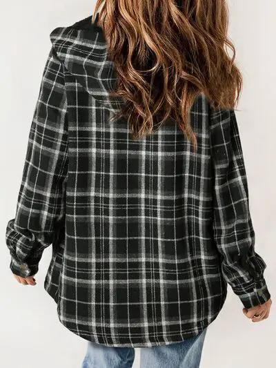 Plaid Snap Down Plush Hooded Jacket Women Warm