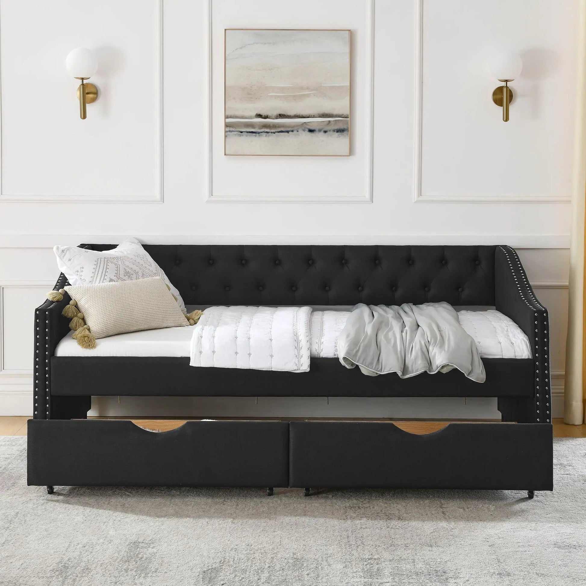 Upholstered Tufted Daybed With 2 Drawers, Waved Arms in black fabric with nailhead trim on Tampa Home & Garden Store