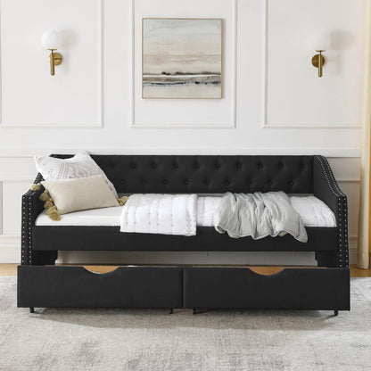 Upholstered Tufted Daybed With 2 Drawers, Waved Arms in black fabric with nailhead trim on Tampa Home & Garden Store