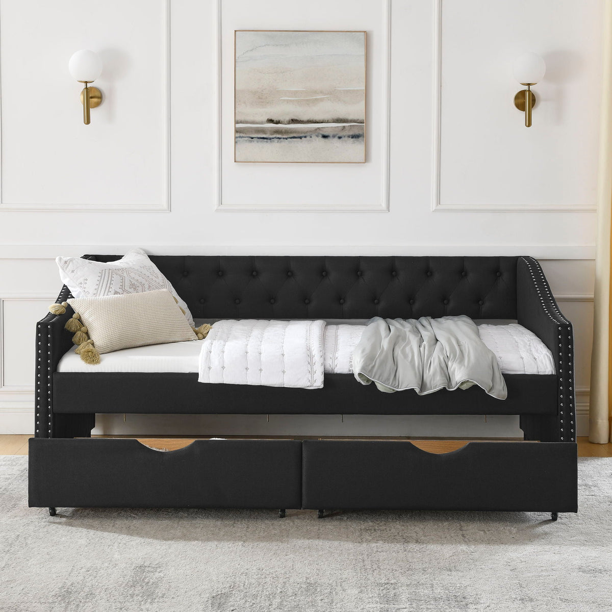 Upholstered Tufted Daybed with Storage Drawers