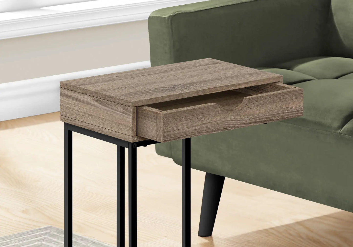 Accent table with light oak finish, single drawer with curved notch, black metal legs on Tampa Home & Garden Store