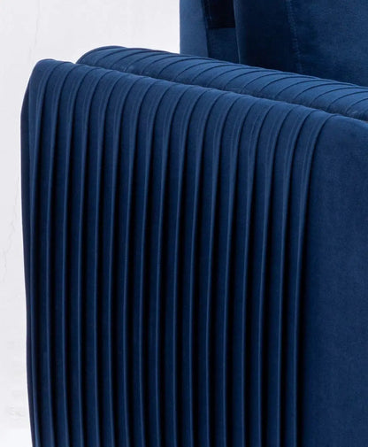 Wenona Modern Elegance Sofa arm in deep blue velvet with vertical pleats on Tampa Home & Garden Store