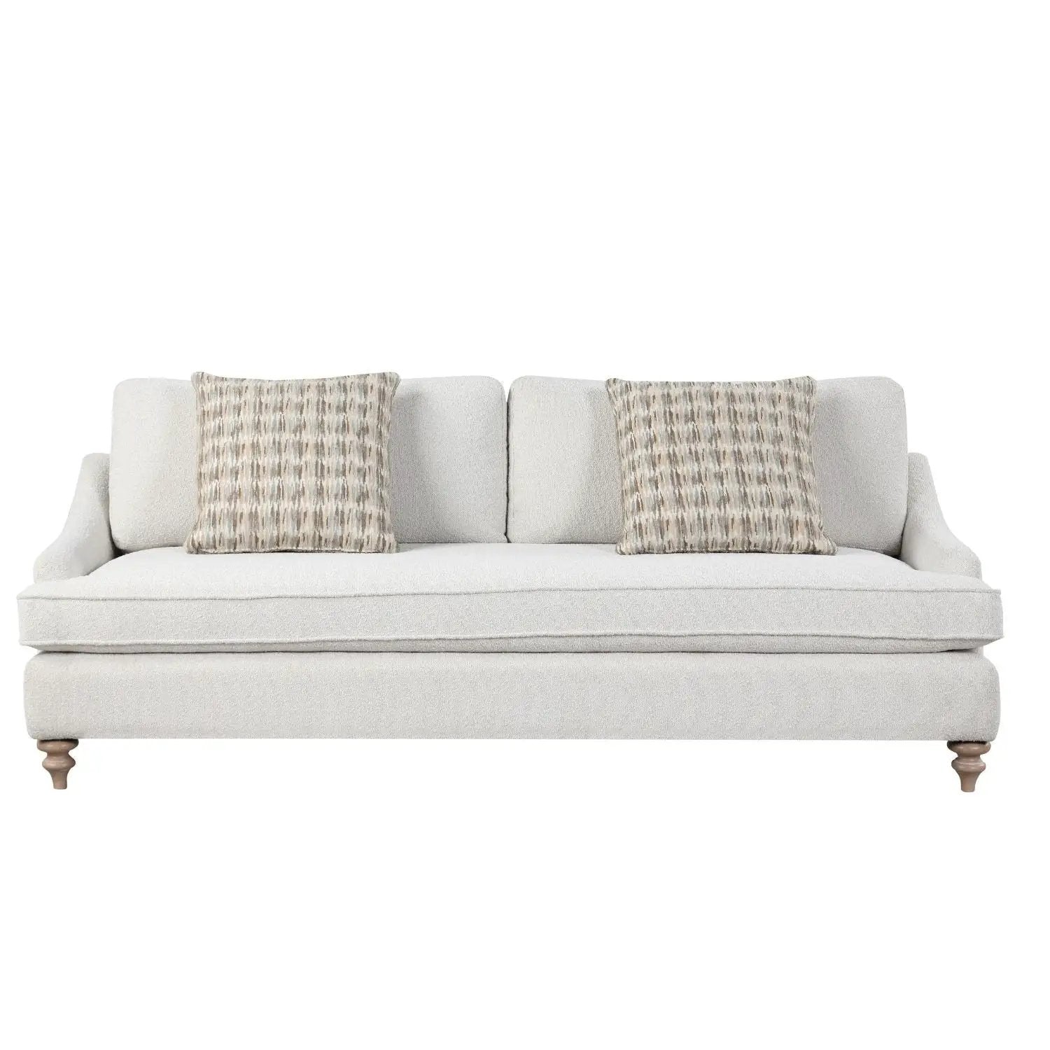 Sofa single reversible cushion with 2 pillows in off-white fabric, wooden legs on Tampa Home & Garden Store