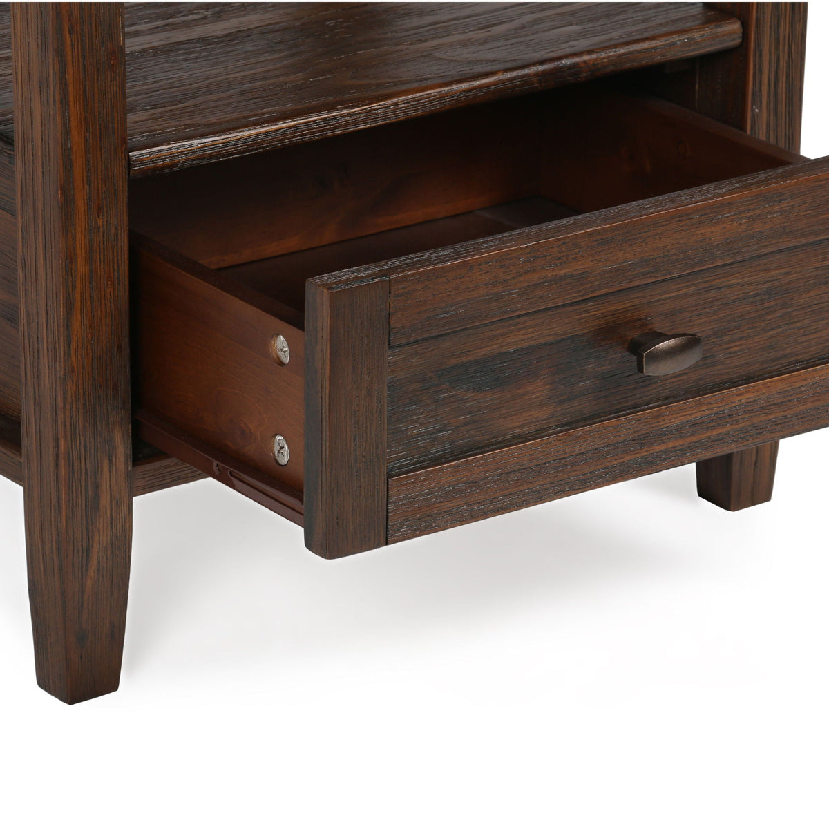 Warm Shaker coffee table with drawer and shelf in dark wood; drawer open with metal knob on Tampa Home & Garden Store