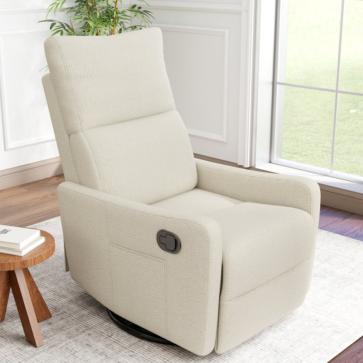 Manual Swivel Rocker Recliner Chair in beige textured fabric with side lever by HouseOfZazla on Tampa Home & Garden Store