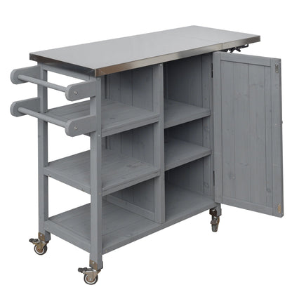 Foldable outdoor kitchen island cart in gray wood with a stainless steel top and wheels on Tampa Home & Garden Store