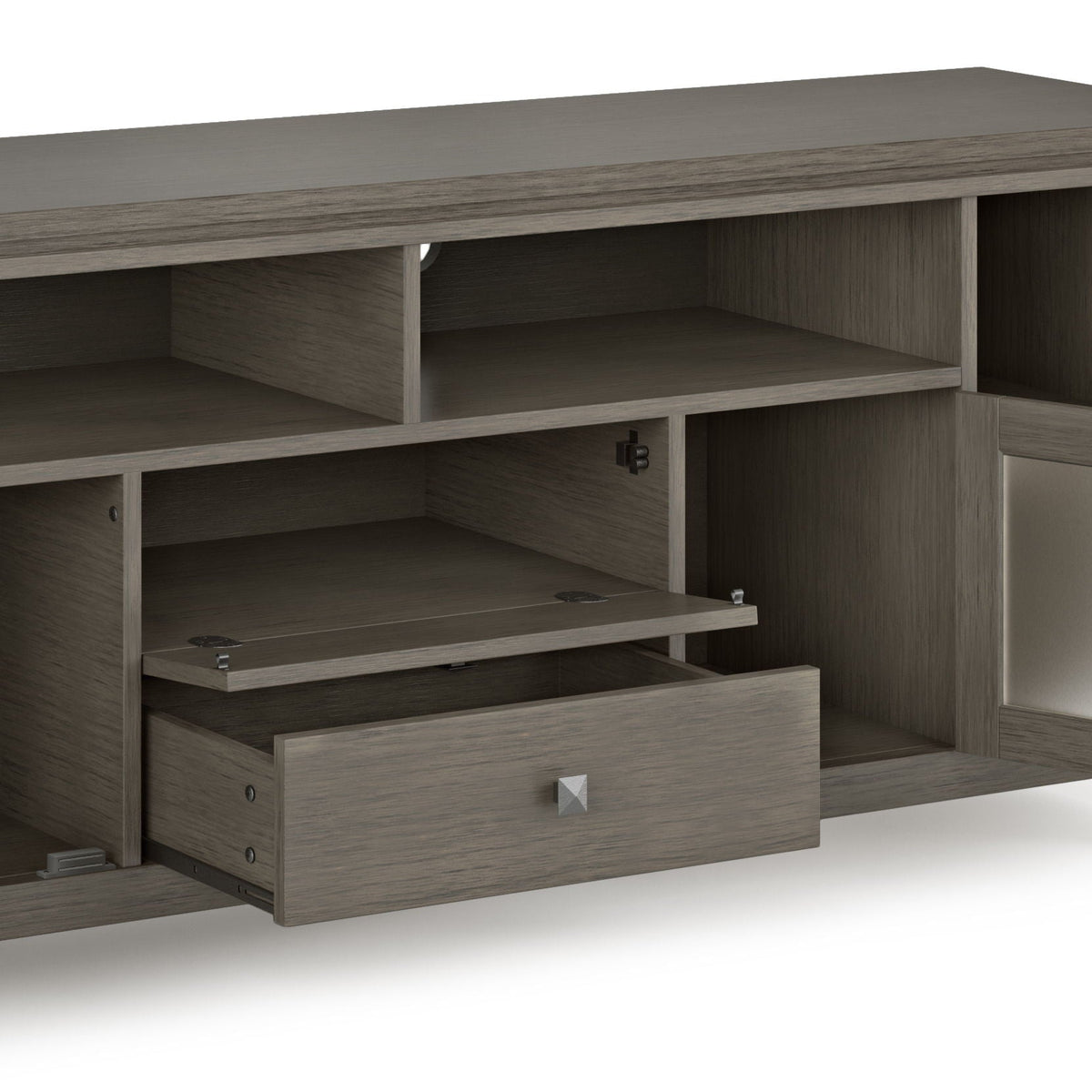 Wide handcrafted solid wood media stand with cubbies in gray finish by HouseOfZazla on Tampa Home & Garden Store
