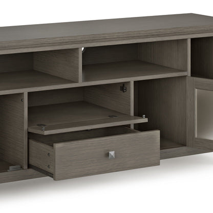 Wide handcrafted solid wood media stand with cubbies in gray finish by HouseOfZazla on Tampa Home & Garden Store