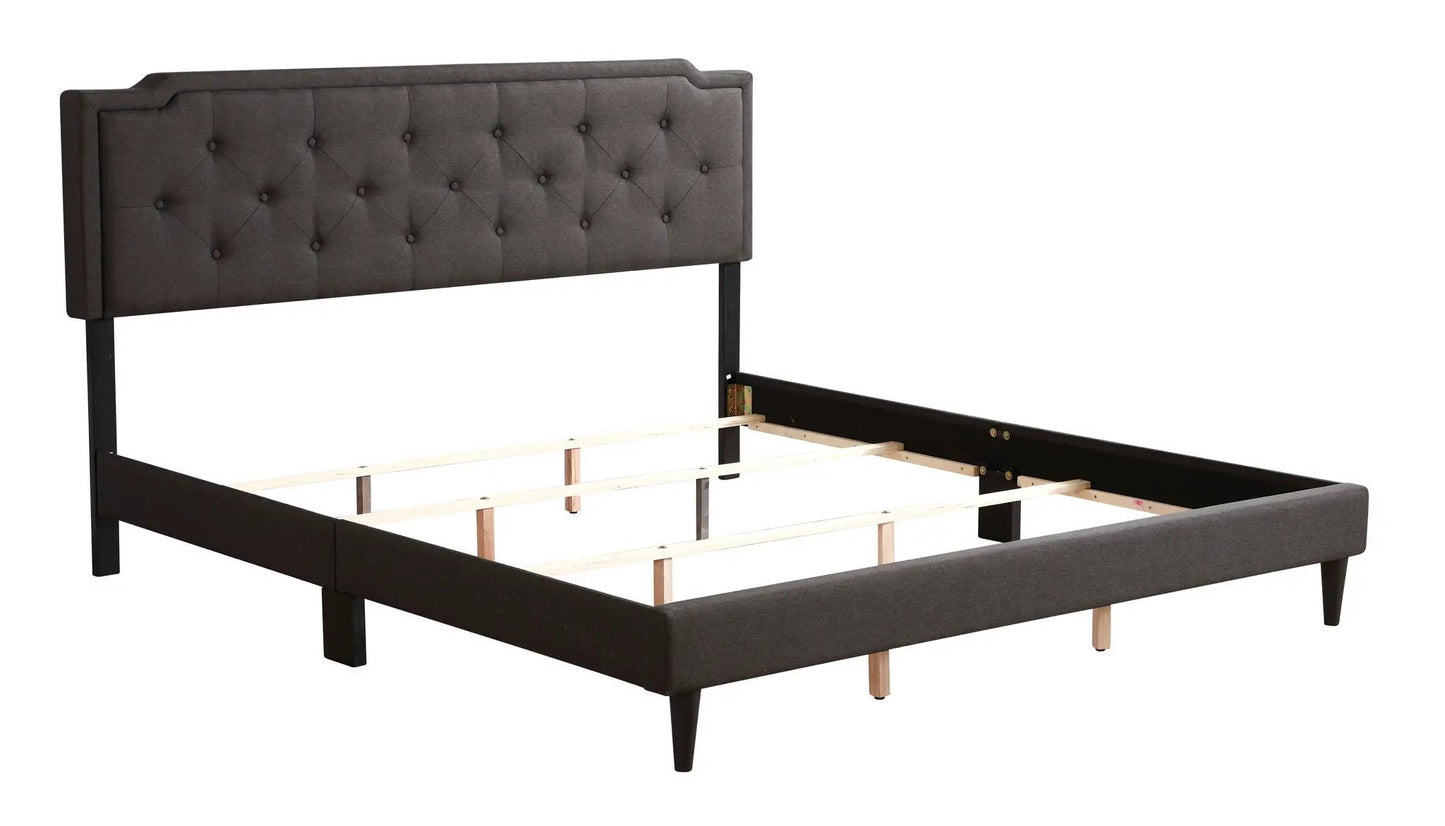 Button-tufted upholstered bed with dark gray fabric headboard and black legs on Tampa Home & Garden Store