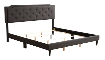 Button-tufted upholstered bed with dark gray fabric headboard and black legs on Tampa Home & Garden Store