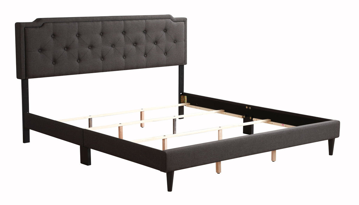 Button tufted upholstered bed frame in charcoal gray fabric with black legs and slat foundation on Tampa Home & Garden Store
