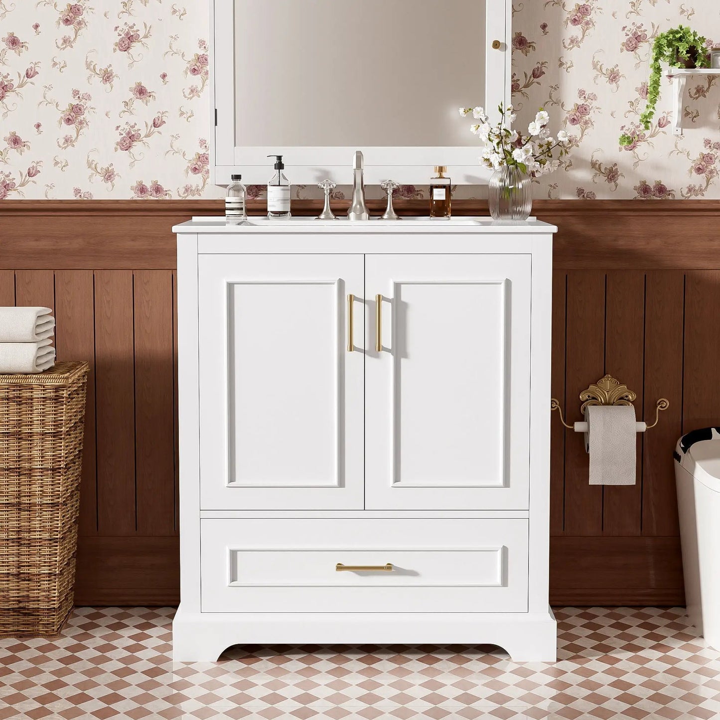 Bathroom vanity with sink, white finish, 2 soft-close doors with double shelf on Tampa Home & Garden Store