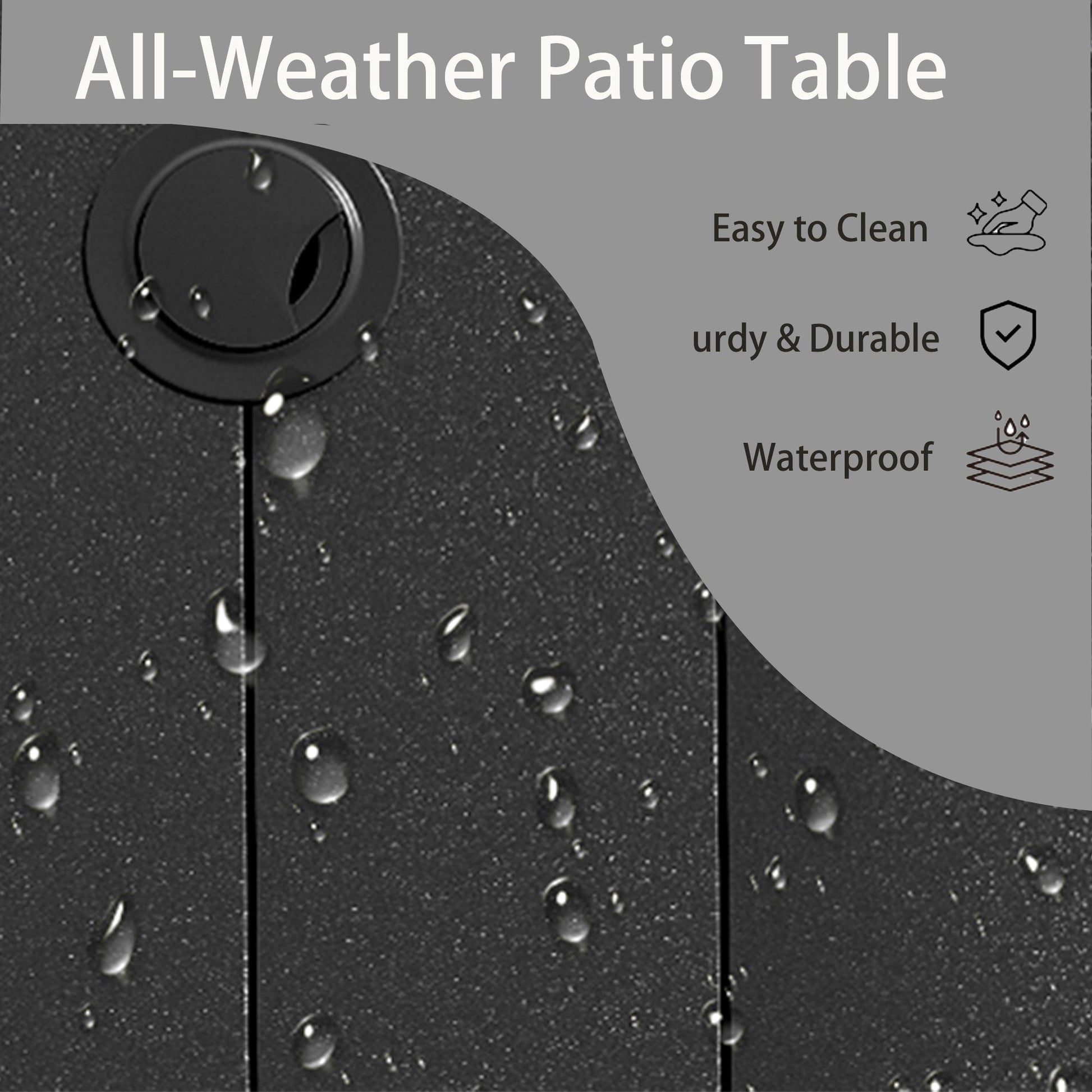 All-Weather Patio Table close-up on dark textured surface with raindrops on Tampa Home & Garden Store