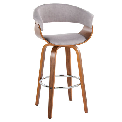 Vintage mod fixed-height barstool in gray fabric with curved wood legs and chrome footrest on Tampa Home & Garden Store