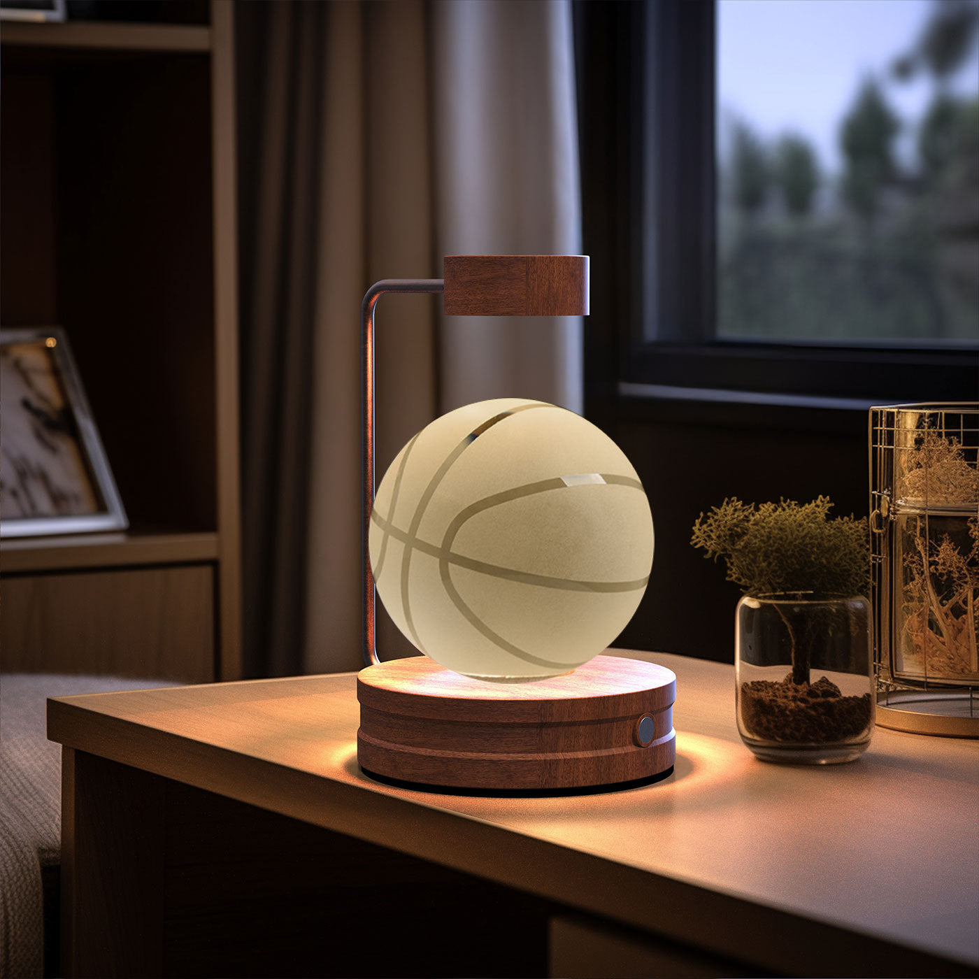Crystal Ball Cosmic Dinosaur night light with wooden base and copper frame, warm USB glow on Tampa Home & Garden Store