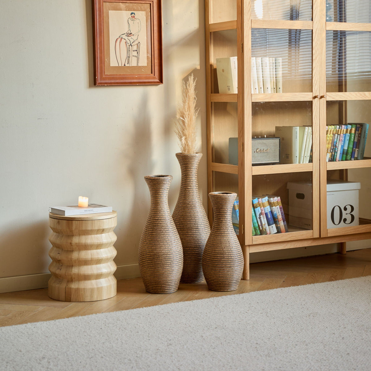 3-Piece beige artificial rattan floor vase set with modern artistic style on Tampa Home & Garden Store