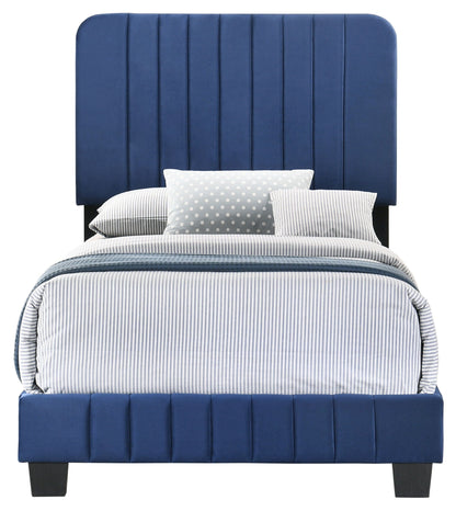 Channel Tufted Bed blue upholstered headboard with channels, striped bedding HouseOfZazla on Tampa Home & Garden Store