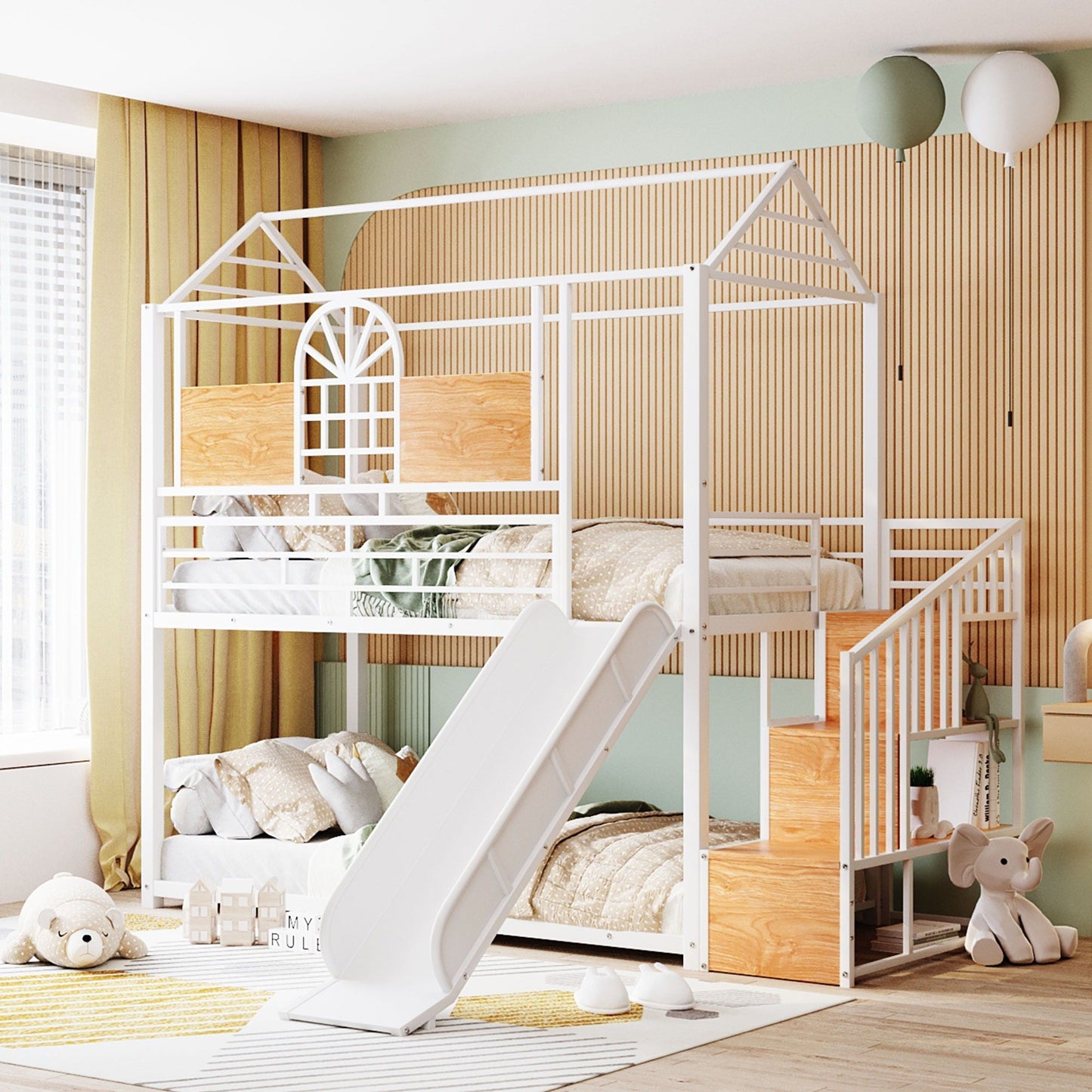 Metal House Bunk Bed With Slide and Storage