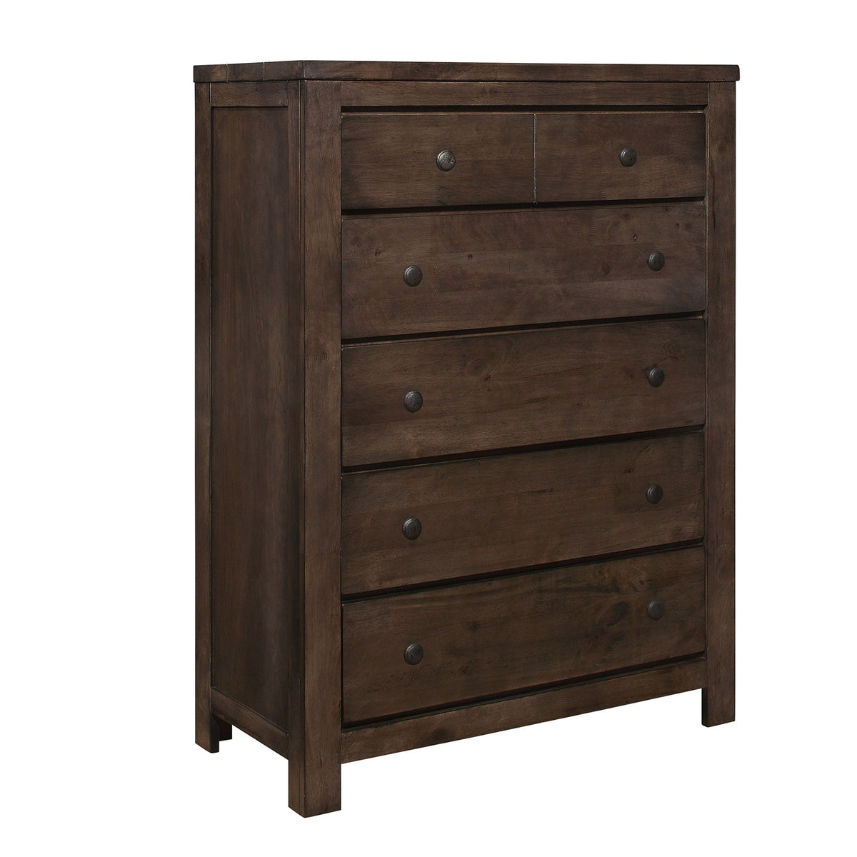 Brown 5-drawer accent chest in dark wood finish with round metal knobs on Tampa Home & Garden Store