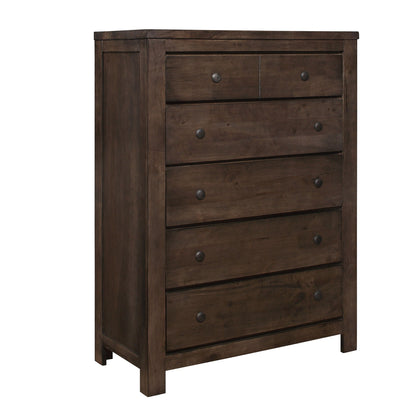 Brown 5-drawer accent chest in dark wood finish with round metal knobs on Tampa Home & Garden Store