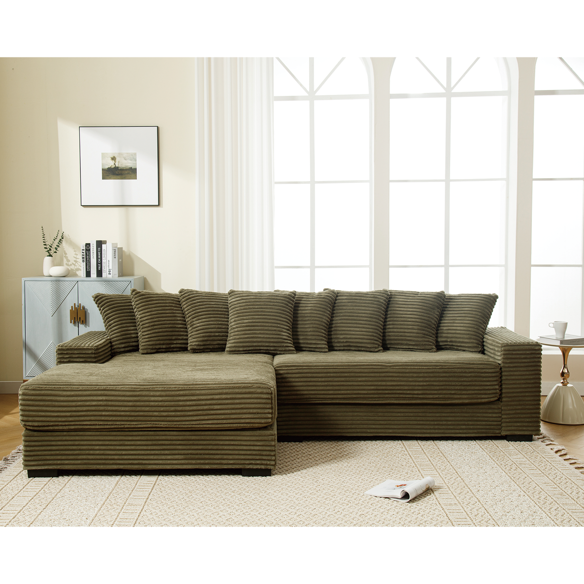 Oversized two-piece corduroy sofa with left chaise daybed in brown upholstery on Tampa Home & Garden Store