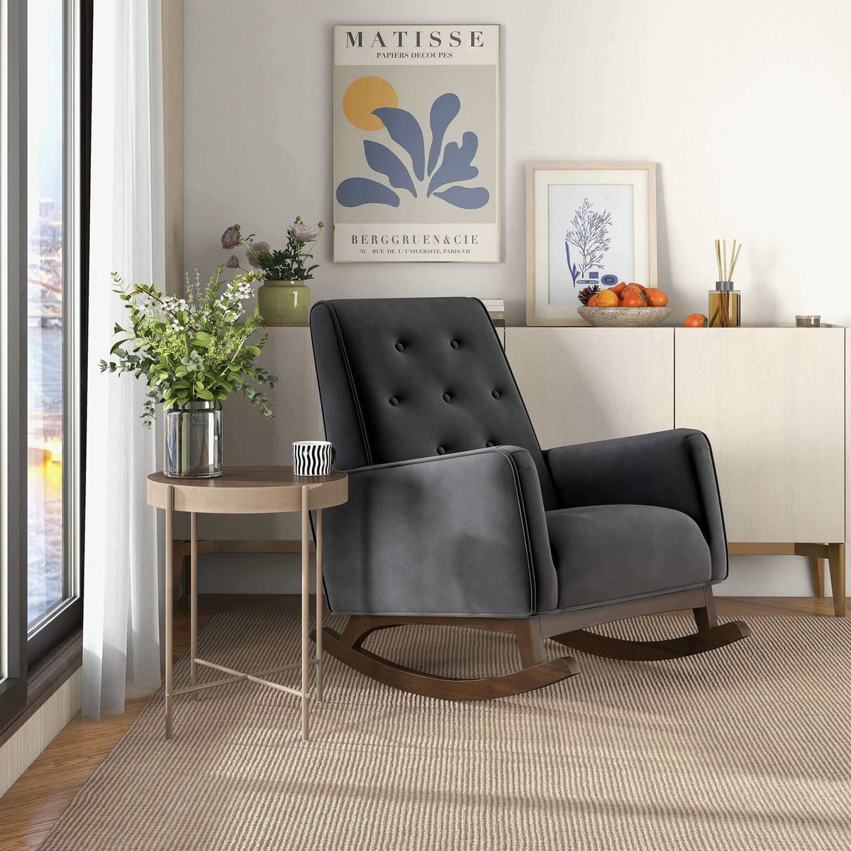 Dark gray mid-century modern rocking chair with high-density foam cushion and wood rockers on Tampa Home & Garden Store