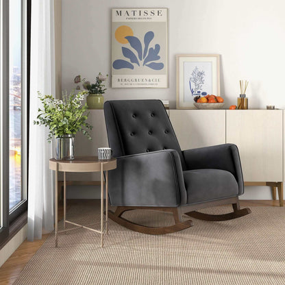 Dark gray mid-century modern rocking chair with high-density foam cushion and wood rockers on Tampa Home & Garden Store