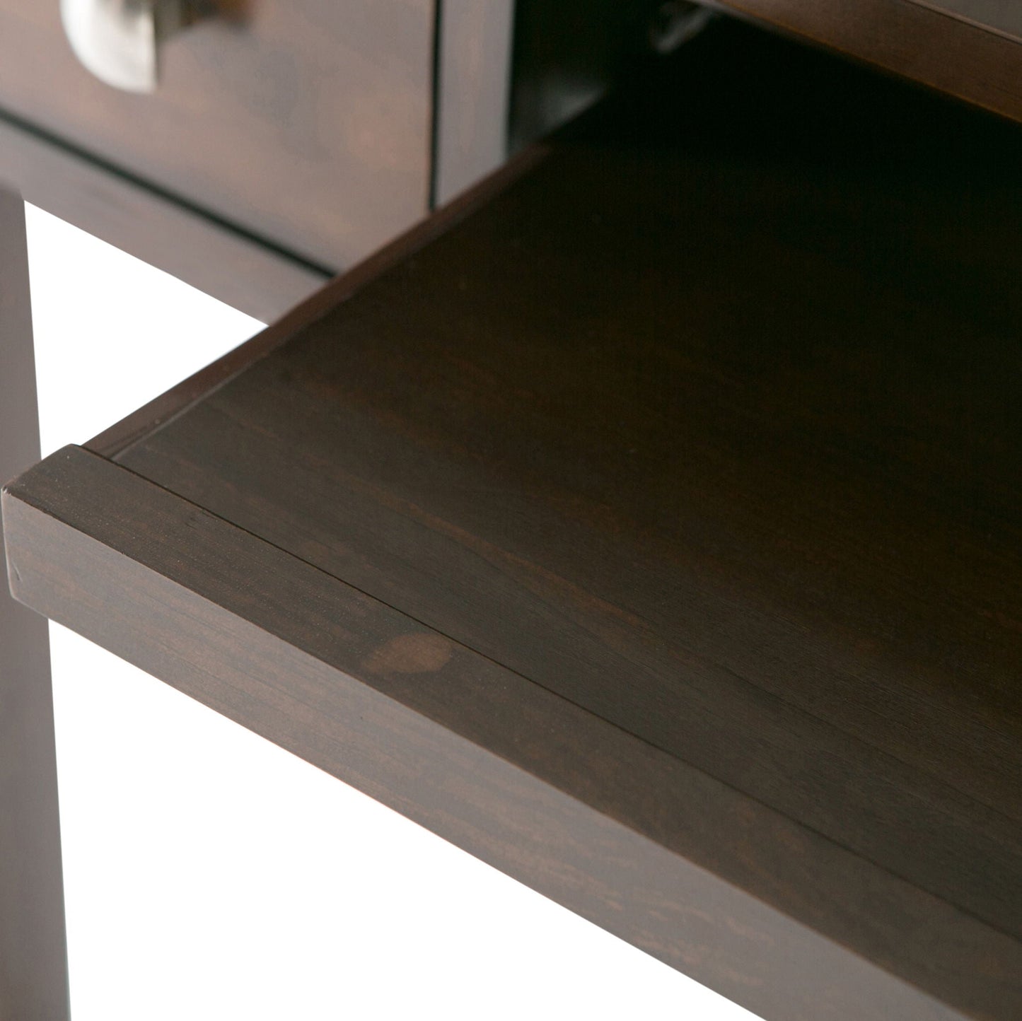 Avalon Handcrafted Writing Desk in dark walnut wood with grain and angled shelf edge on Tampa Home & Garden Store