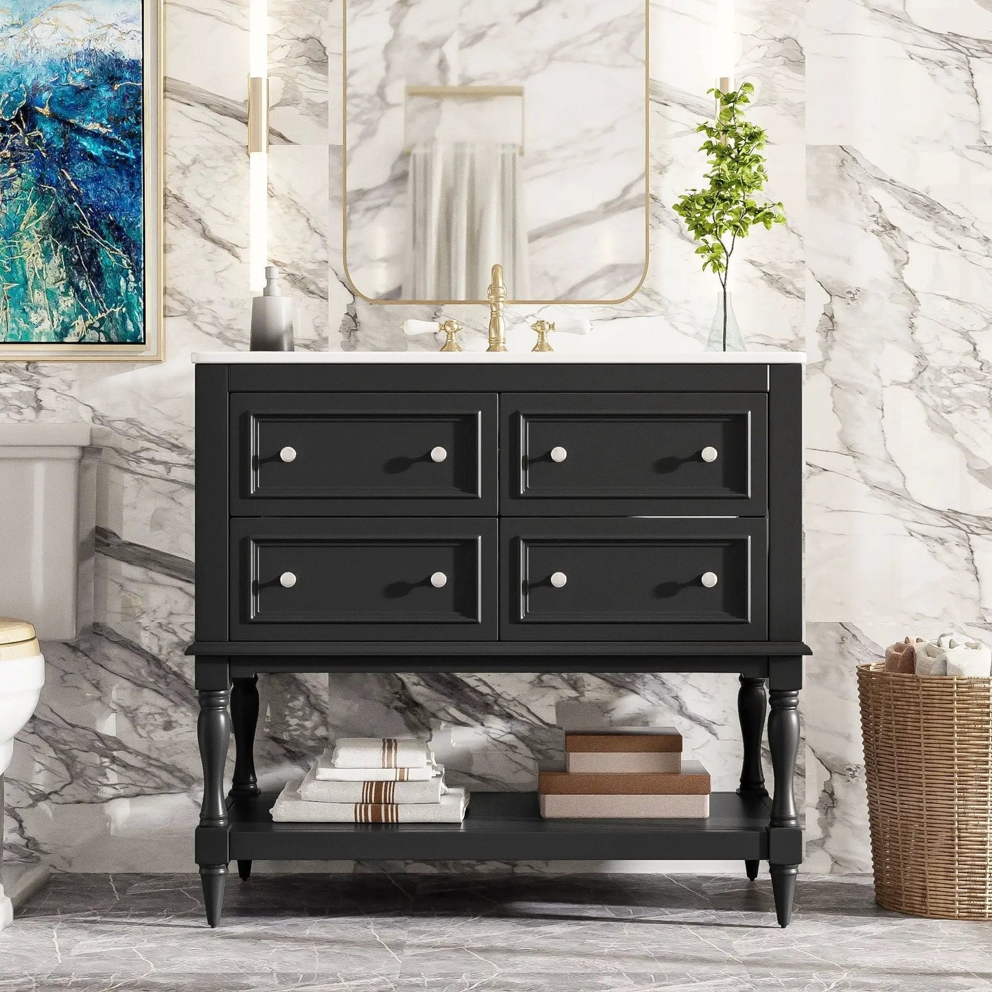 Bathroom vanity cabinet with undermount sink, black finish, 4 drawers, brass hardware on Tampa Home & Garden Store