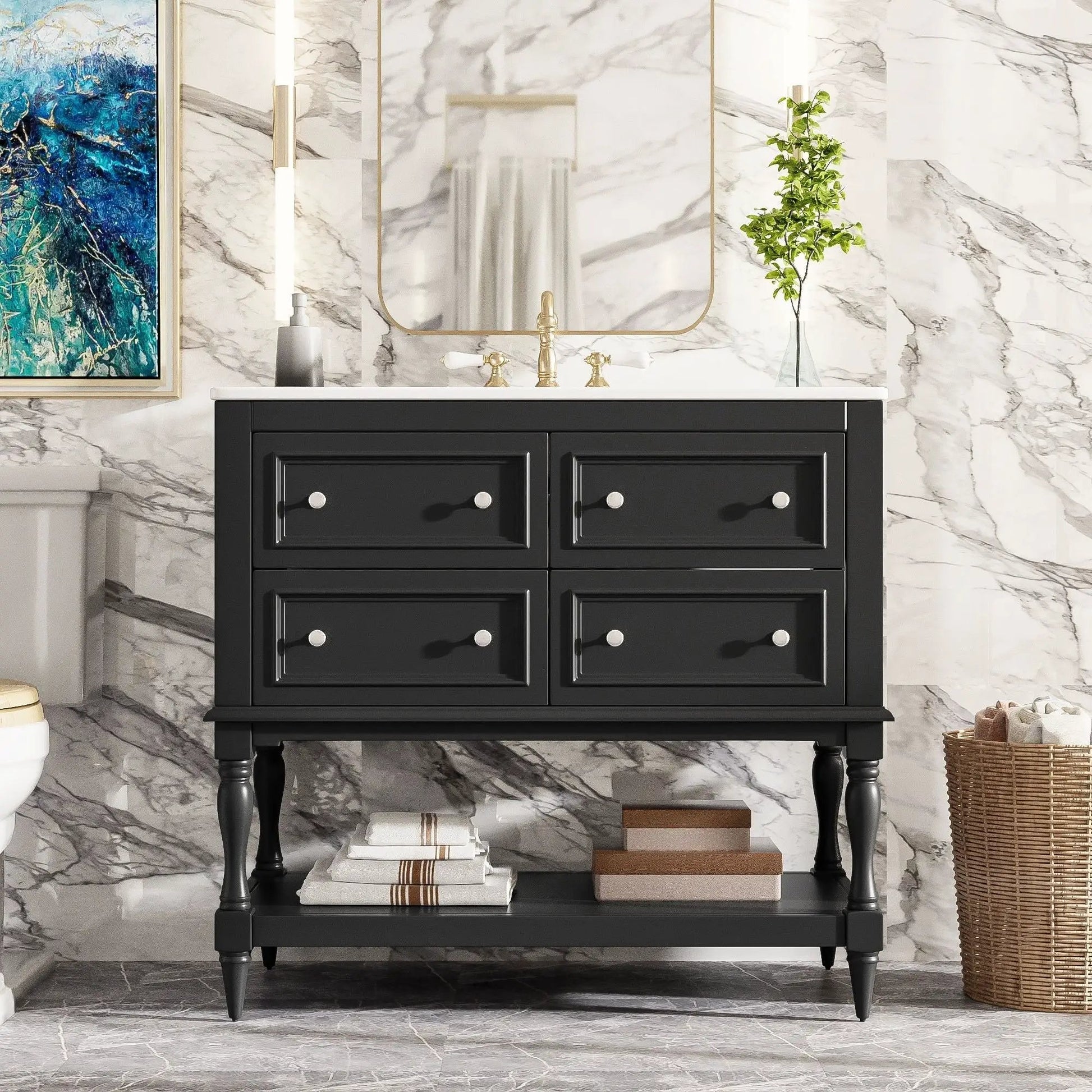 Bathroom vanity cabinet with undermount sink, black finish, 4 drawers, brass hardware on Tampa Home & Garden Store