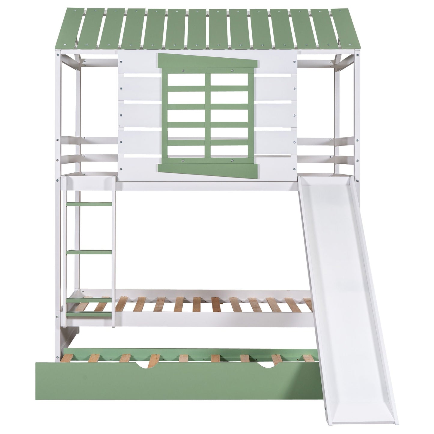 Twin over twin bunk bed with slide and trundle white frame with green accents HouseOfZazla on Tampa Home & Garden Store