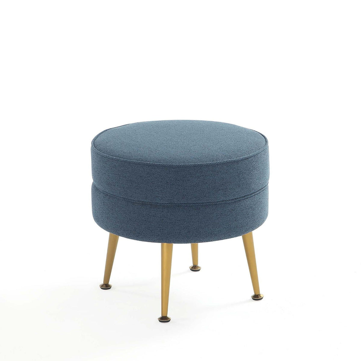 Bailey Upholstered Accent Ottoman round blue denim fabric with gold-tone legs by HouseOfZazla on Tampa Home & Garden Store