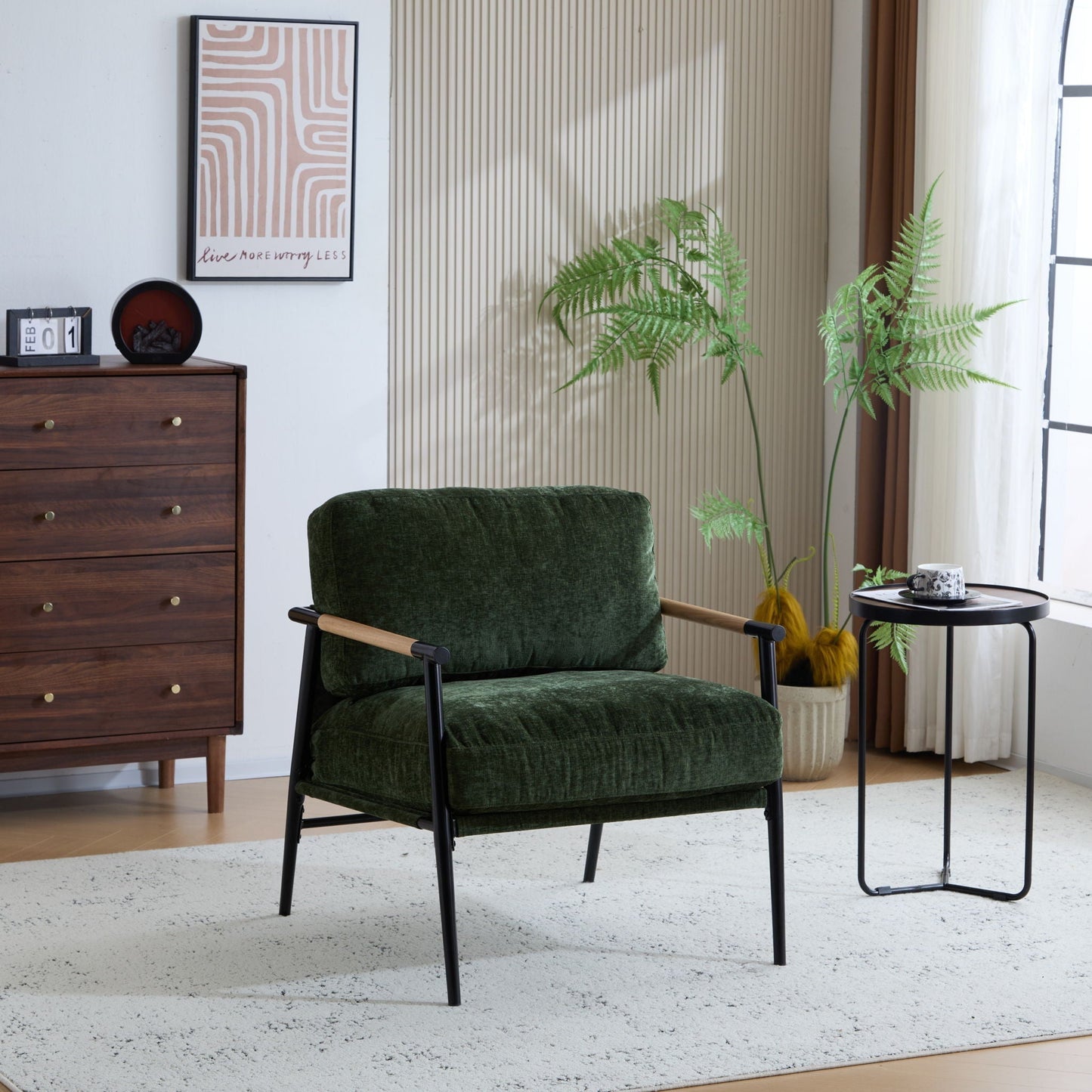 Modern Accent Chair With Plush Cushions and Wooden Armrests in green velvet with metal frame on Tampa Home & Garden Store