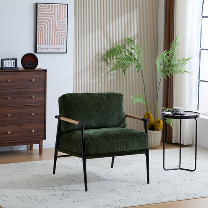 Modern Accent Chair With Plush Cushions and Wooden Armrests in green velvet with metal frame on Tampa Home & Garden Store