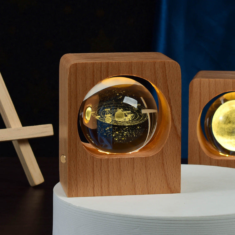 Beech wood crystal ball night lights with elk & jellyfish engraving, warm LED glow on Tampa Home & Garden Store