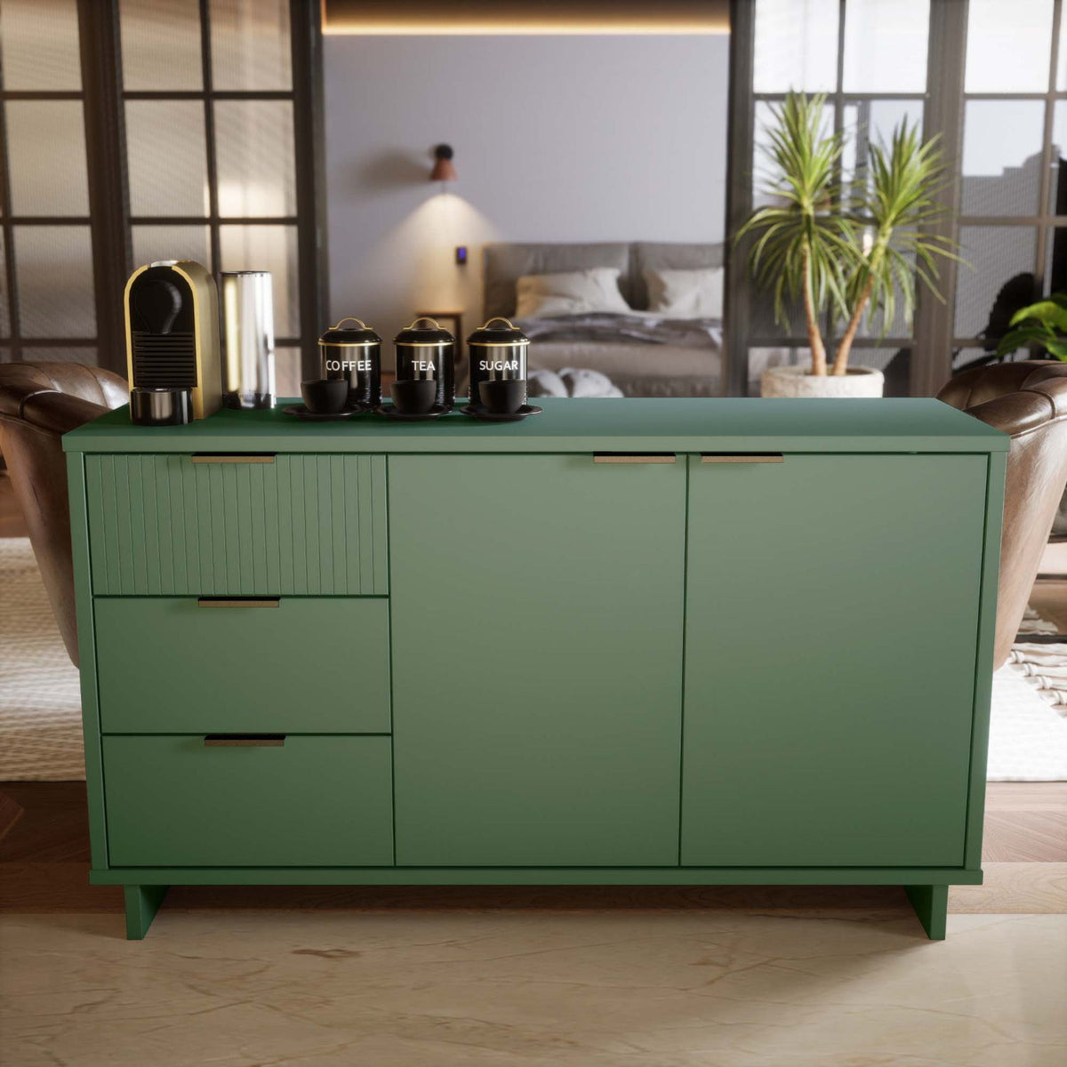 Granville Sideboard green with full extension drawers and coffee station setup on Tampa Home & Garden Store