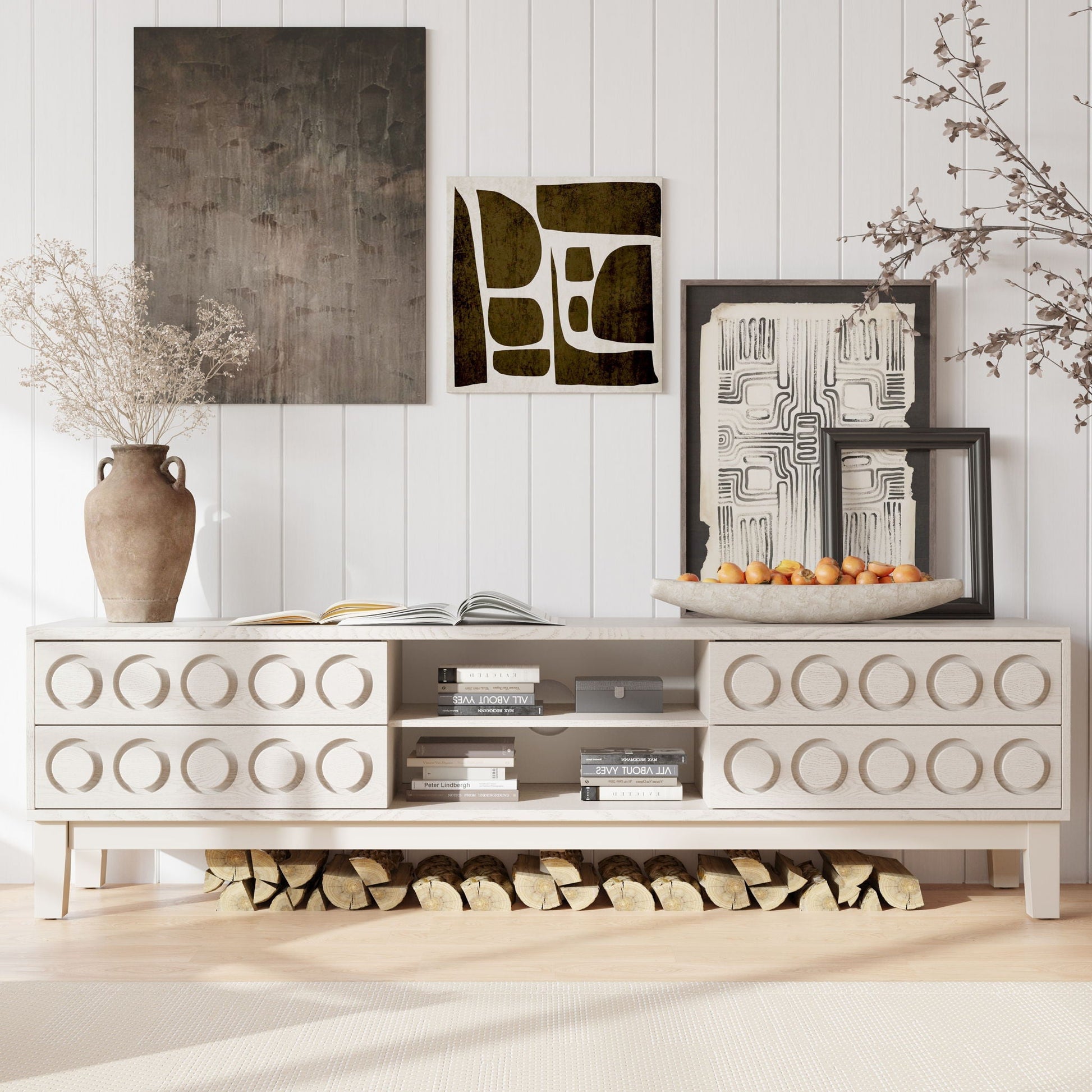 Media console with 4 drawers and cable management in white wood with cut-out fronts on Tampa Home & Garden Store
