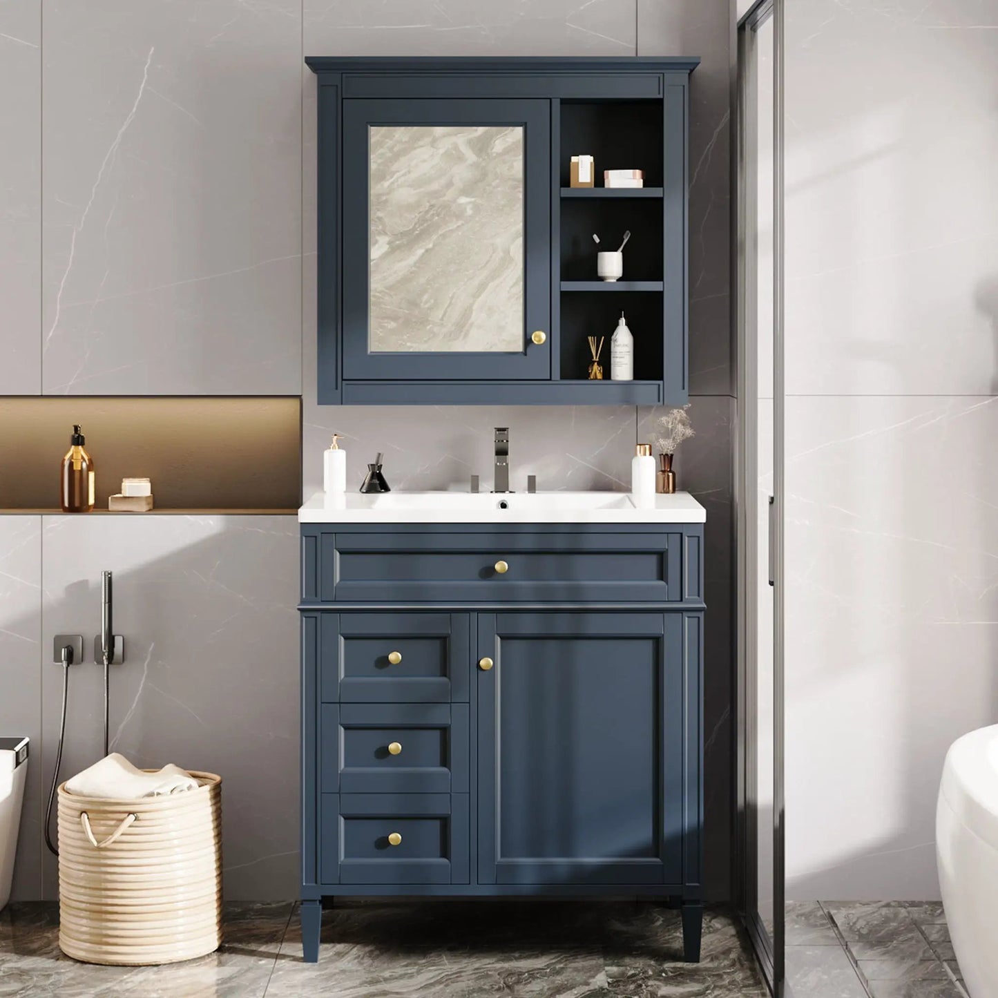 Bathroom vanity in navy blue with medicine cabinet, 2 soft-closing doors and 4 drawers on Tampa Home & Garden Store