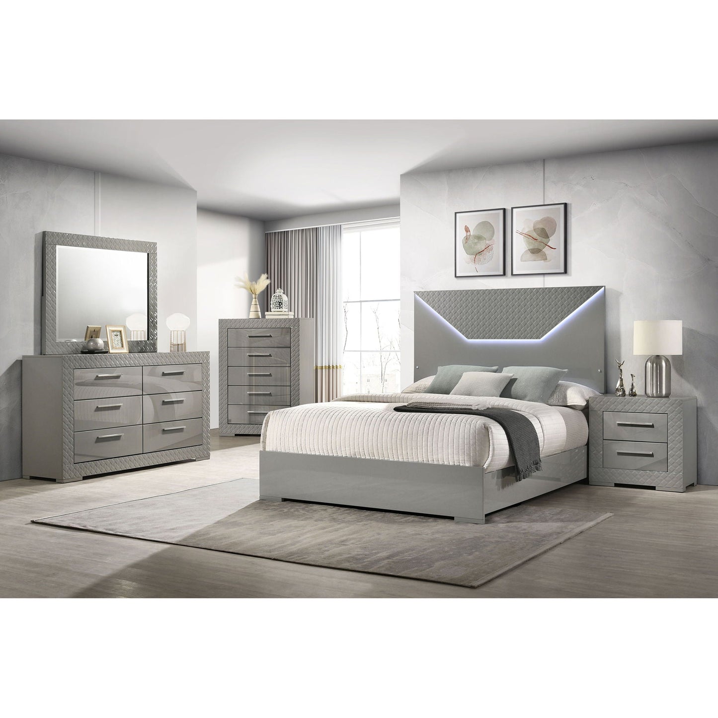 Pierce Panel Bed LED Headboard by HouseOfZazla in gray with quilted panels and 2 dressers on Tampa Home & Garden Store