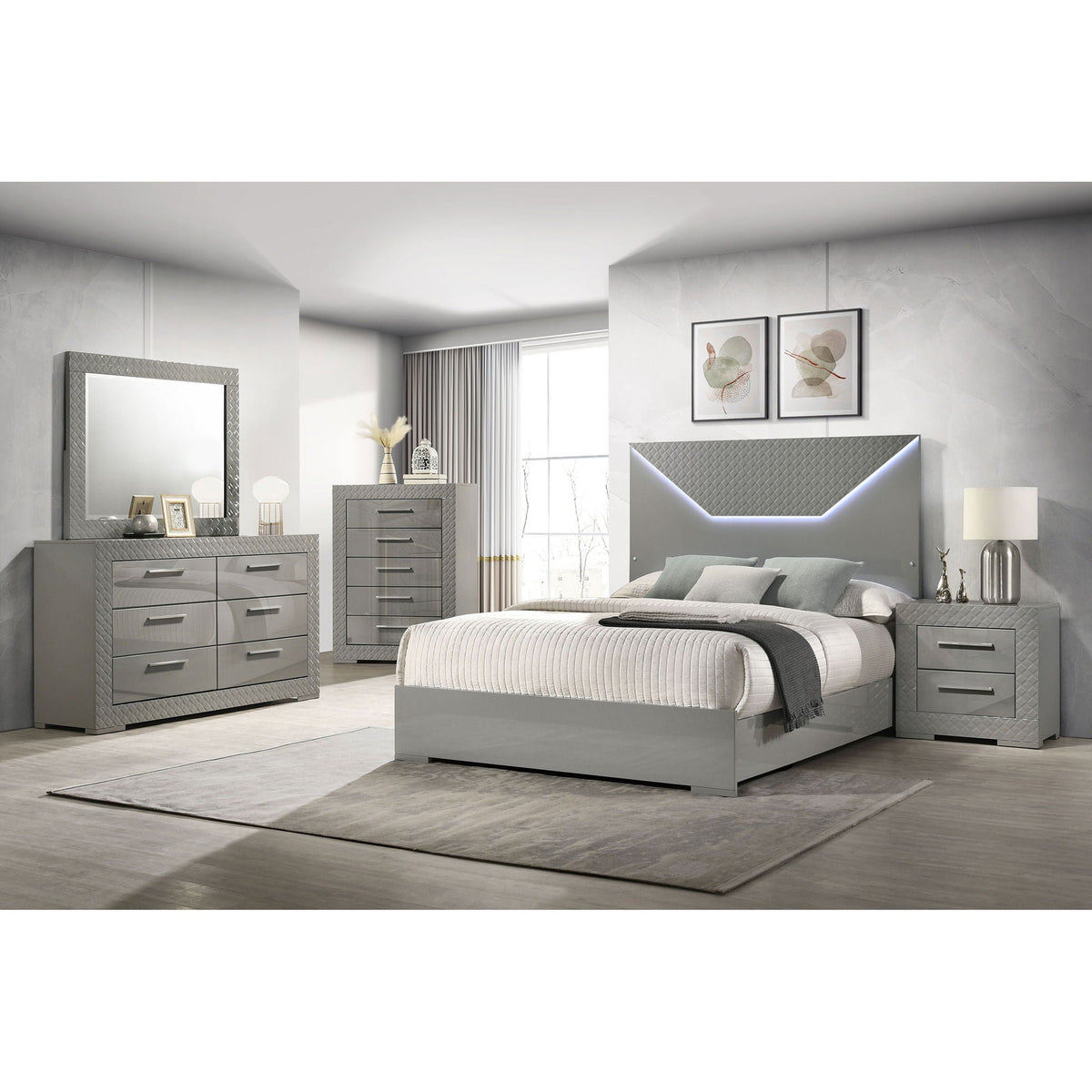 Pierce Panel Bed LED Headboard by HouseOfZazla in gray with quilted panels and 2 dressers on Tampa Home & Garden Store