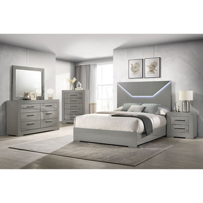 Pierce Panel Bed LED Headboard by HouseOfZazla in gray with quilted panels and 2 dressers on Tampa Home & Garden Store