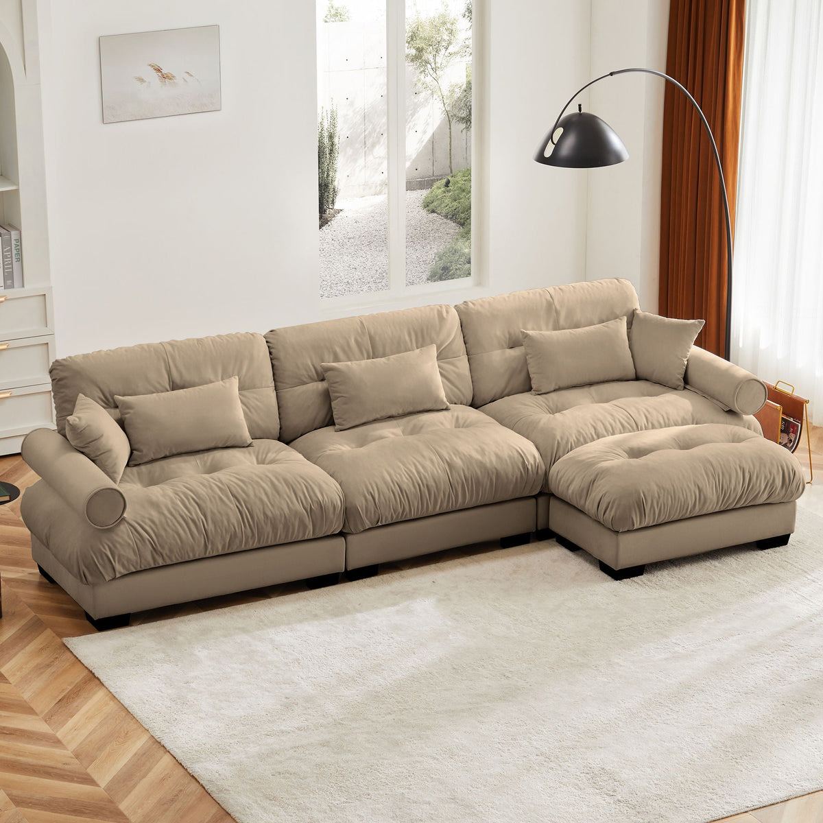 Modern sectional sofa with ottoman, beige fabric, round bolster arms, pillows by HouseOfZazla on Tampa Home & Garden Store
