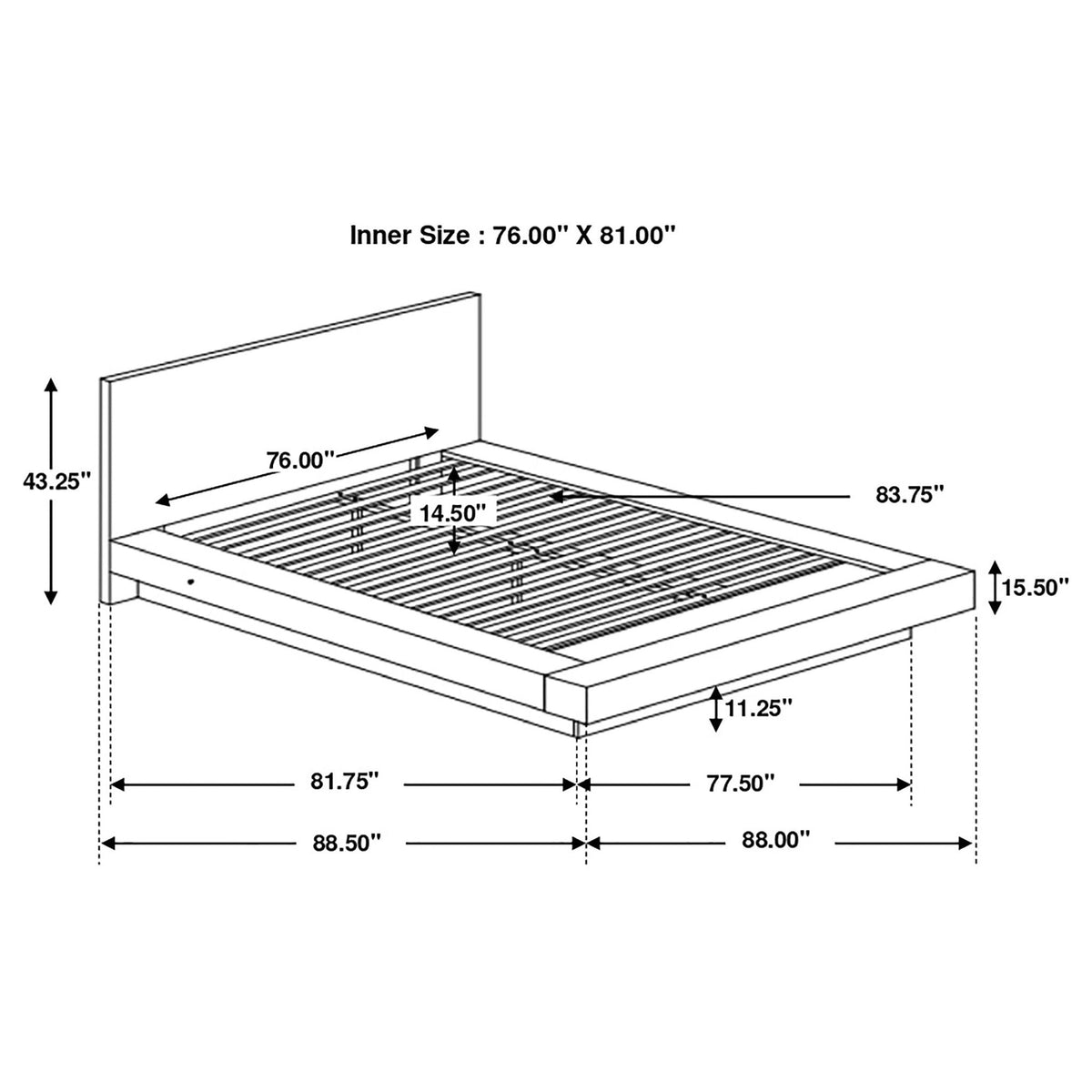 Tokyo LED Panel Bed with Structured Headboard; slatted platform bed inner 76 x 81 in on Tampa Home & Garden Store